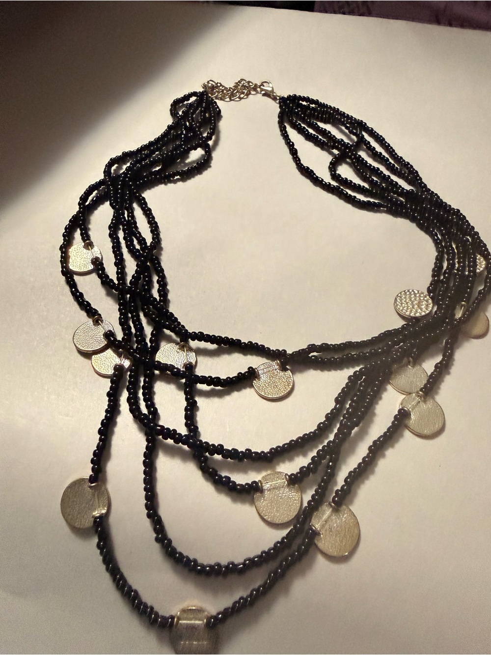 Black Multi Strand Seed Bead Statement Necklace Silver Disc Charms 16” Boho